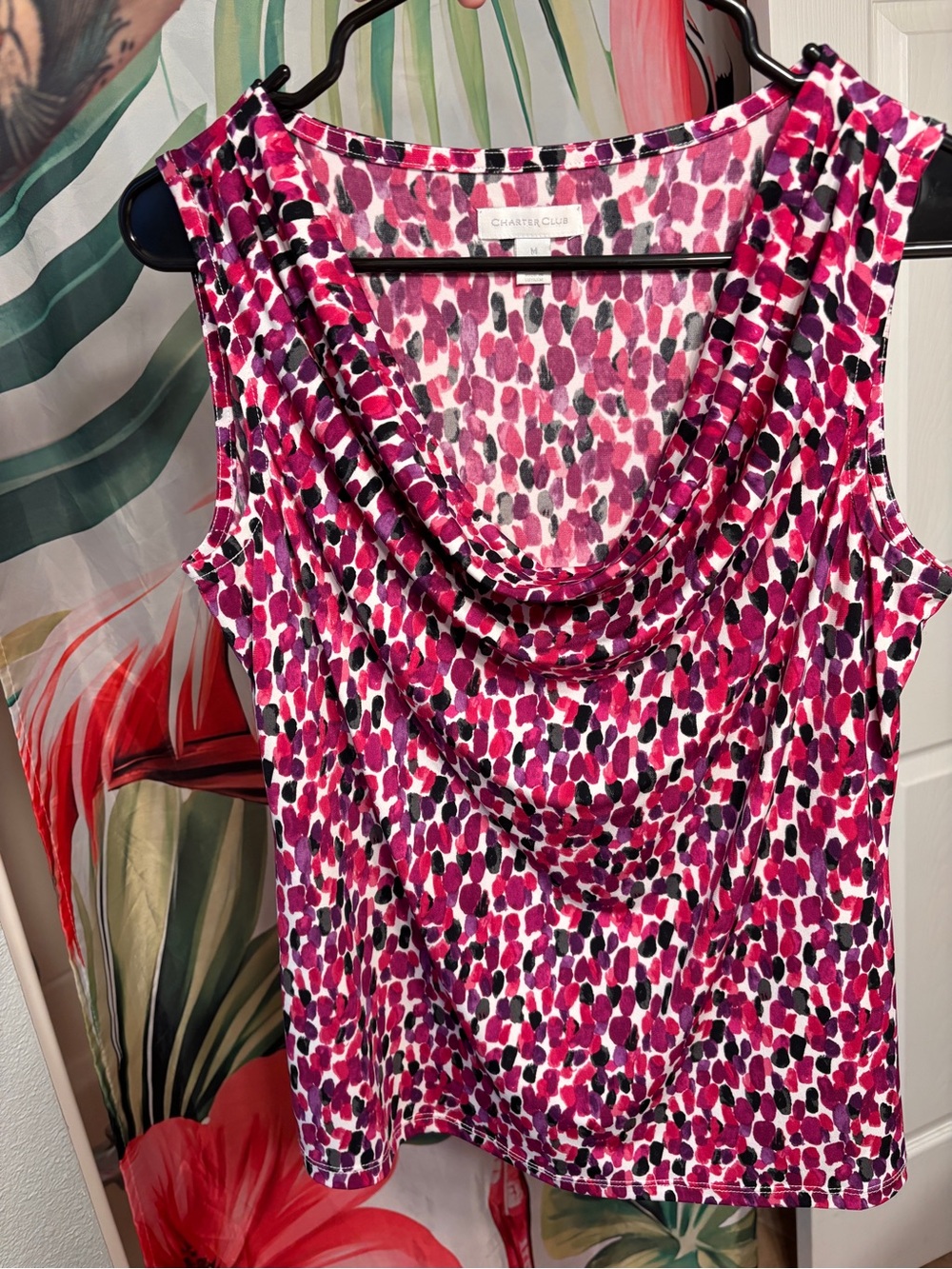 Charter Club Pink and Black Multi-Dot Cowl Neck Sleeveless Top Size Medium